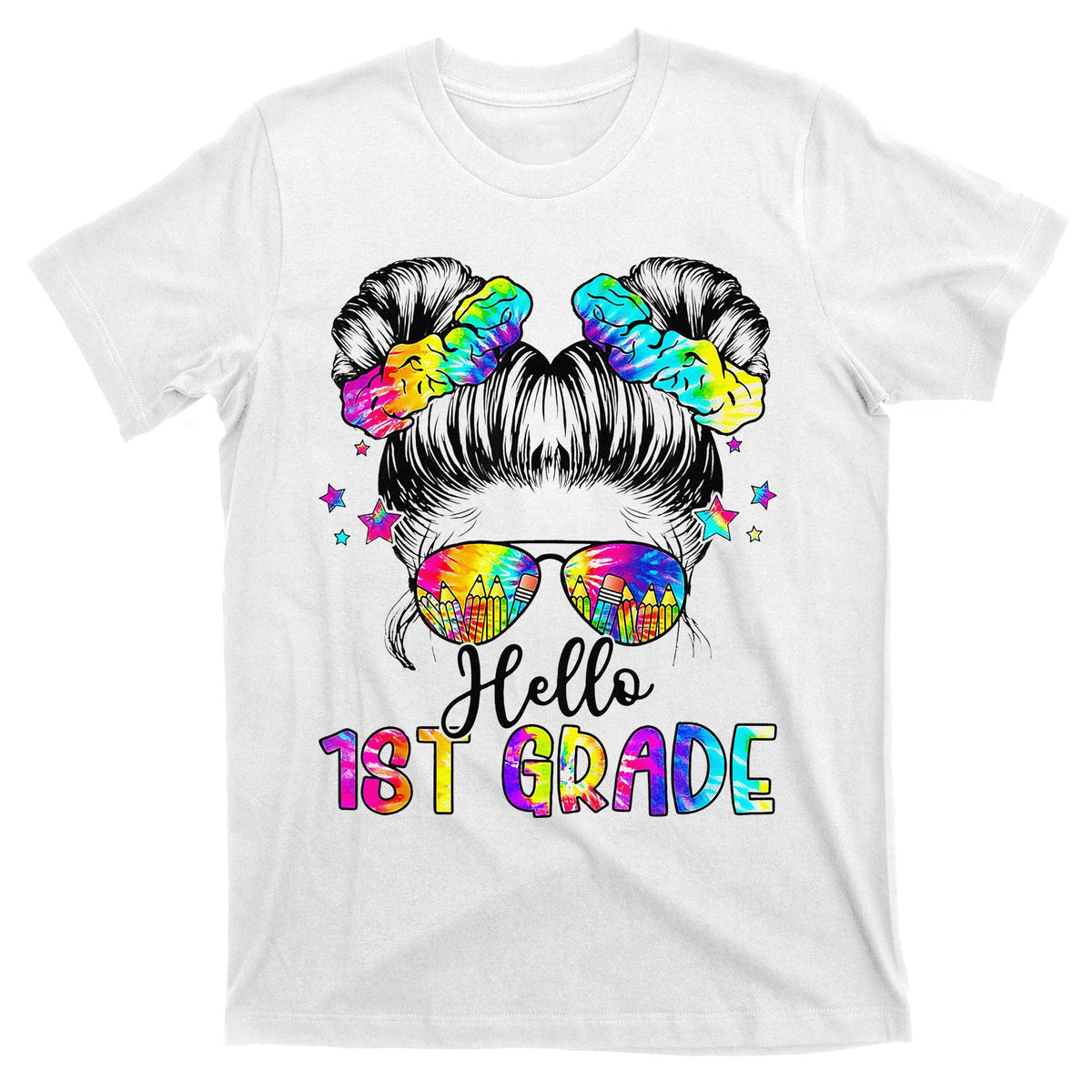 Hello 1st Grade Messy Hair Bun Girl Back To School First product image 1
